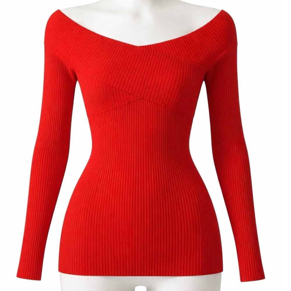 MILLY Top Size M Red Ribbed Knit Off The Shoulder Boat Neck Fitted Y2K Holiday